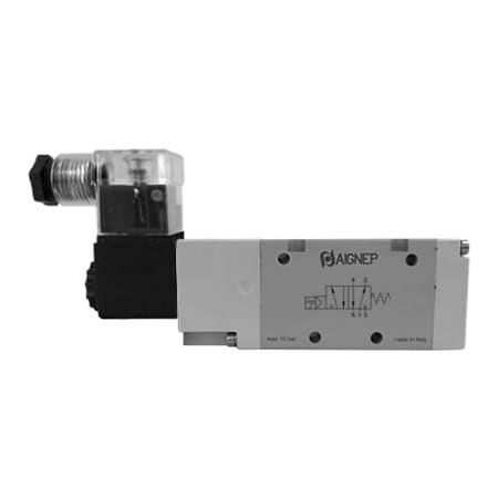 Aignep USA 5/2 Single Solenoid Valve, Ext Pilot Spring Return G 1/8, 24V DC/3W Coil, LED Connection